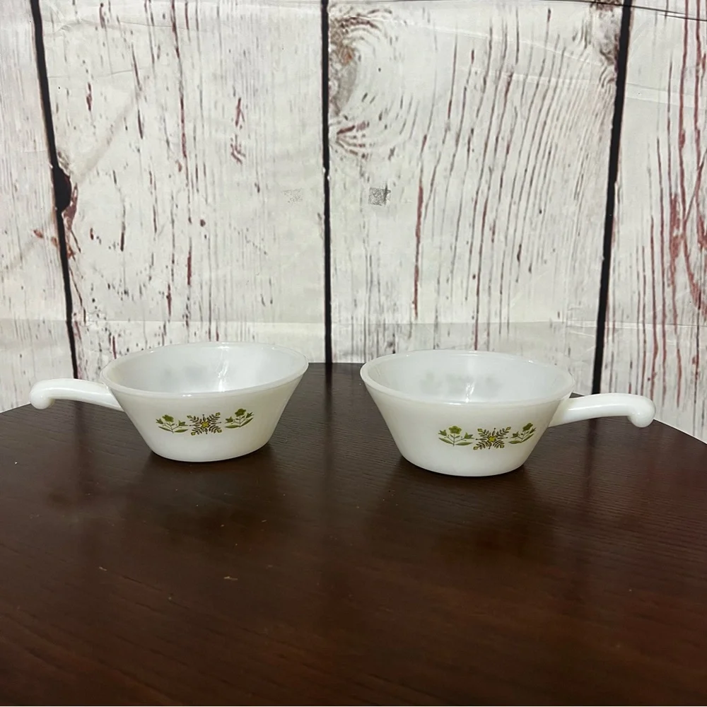 ANCHOR HOCKING Fire King ware Vintage White Soup Bowls with Green Floral Design - Picture 3 of 14